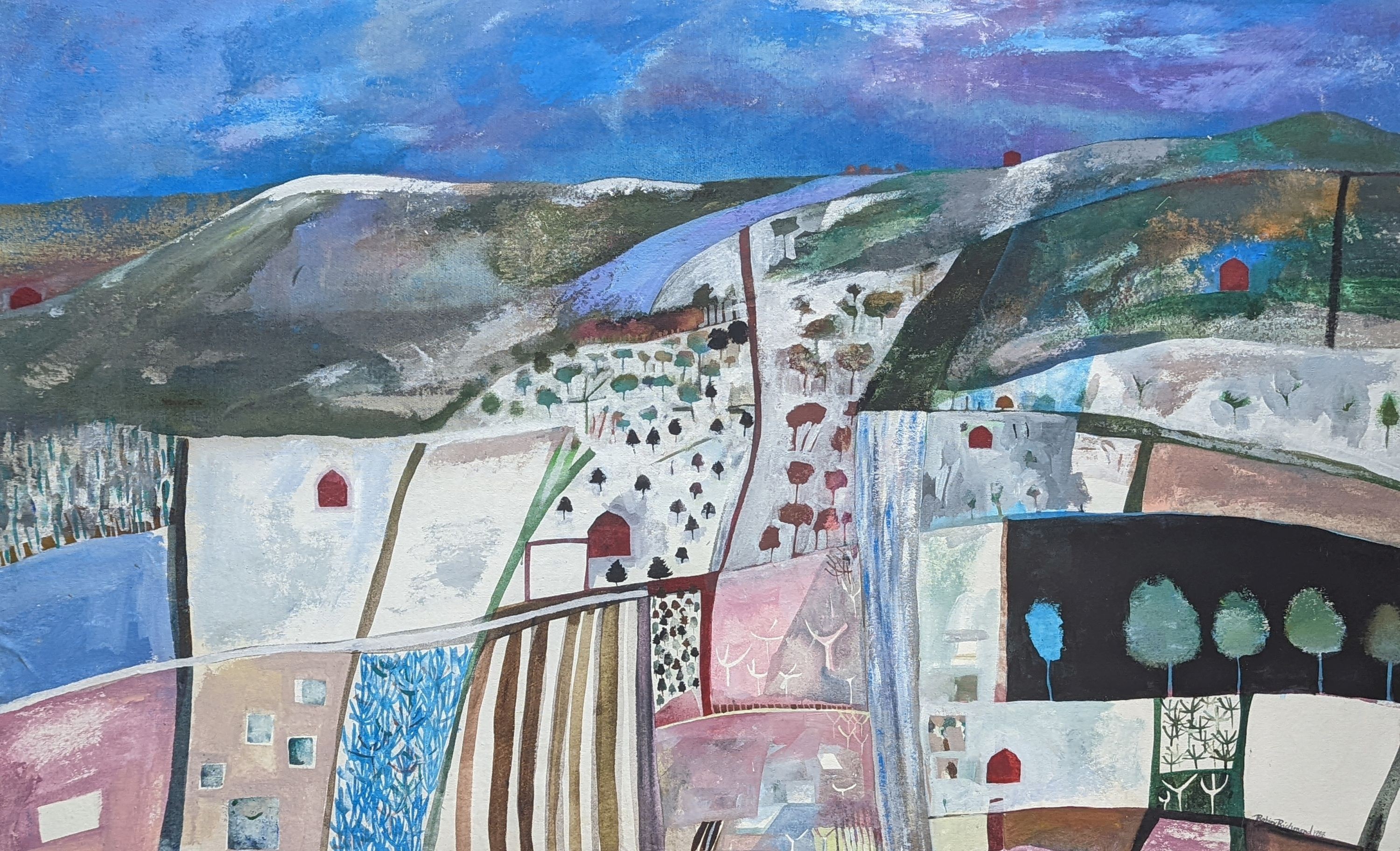 Robin Richmond (Contemporary), oil on canvas, 'Quilt with Seven Barns', signed and dated 1988, Mercury Gallery label verso, 75 x 121cm